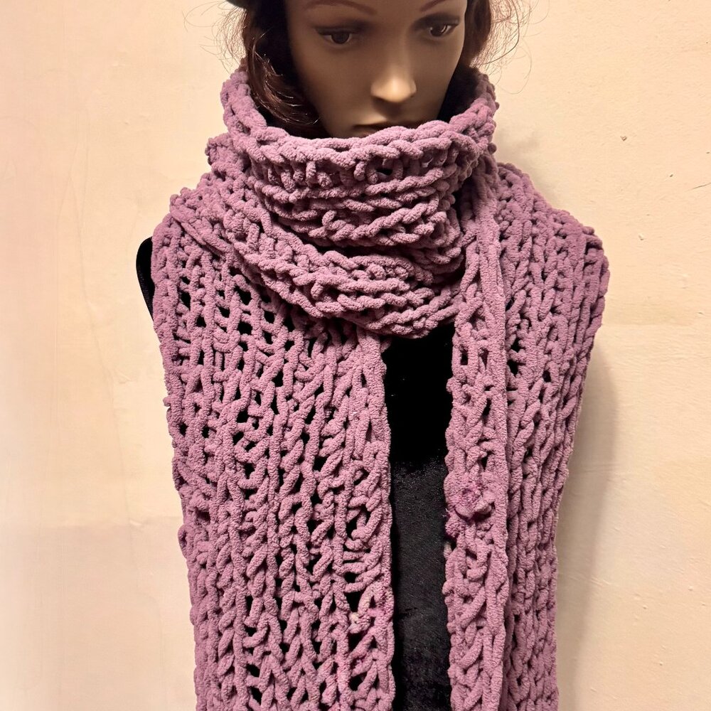 Extra long, soft, chunky hand knitted purple scarf made of Bernat Yarn.